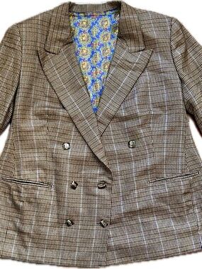 Vintage Glen Plaid Double-Breasted Sport Coat w/Blue Silk Peacock Print Lining